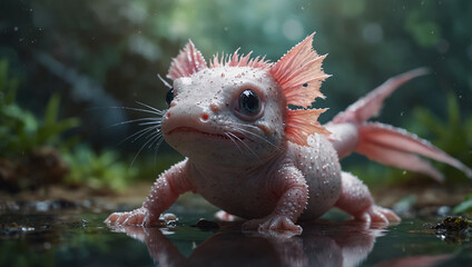 Obraz premium A beautifully detailed shot of a small, sweet-looking axolotl with soft, shimmering colors