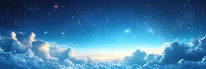 Fototapeta premium Beautiful bright sky full of fluffy white clouds illuminated by the soft glow of the sun, with twinkling stars in the background creating a serene and peaceful atmosphere perfect for celestial natural