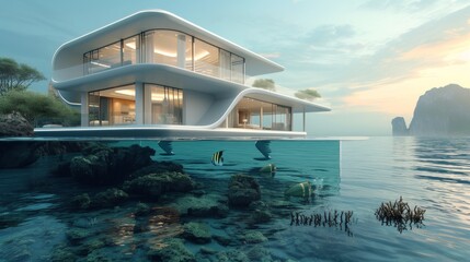 Fototapeta premium A modern luxury house with sleek, futuristic design partially submerged in the ocean. The serene setting features clear blue waters and vibrant coral reefs, creating a tranquil and luxurious ambiance.