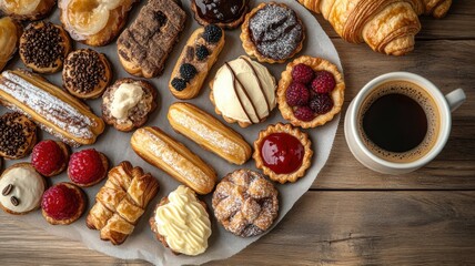 Obraz premium Sweet Indulgence: A symphony of delectable pastries and a steaming cup of coffee, arranged on a rustic wooden table, evoke a sense of warmth and comfort. The perfect image for a food blog, 