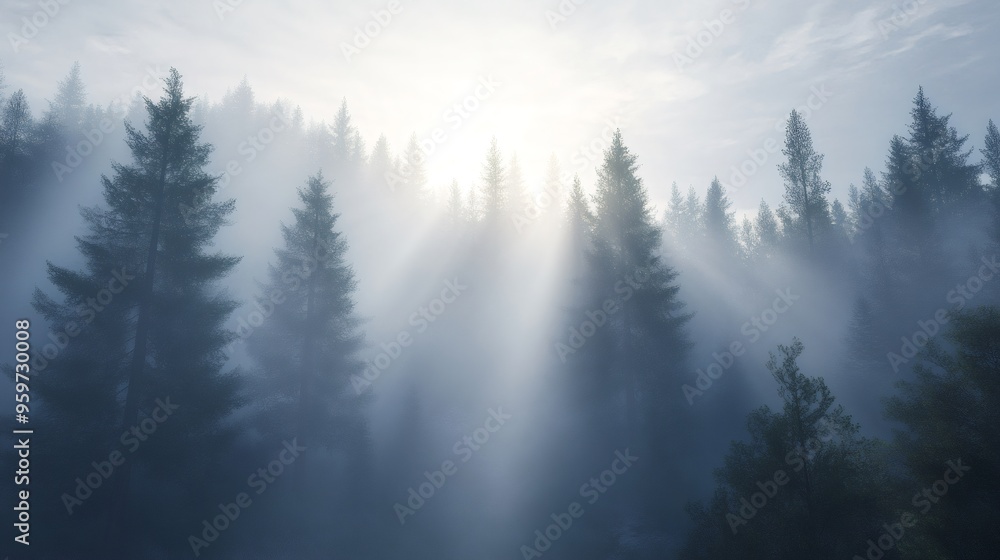 Poster sun rays breaking through the fog in a dense coniferous forest.