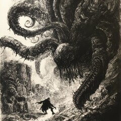 The Shadow of the Tentacle: A lone figure stands defiant against a colossal, monstrous tentacled entity, its silhouette a chilling reminder of the unknown horrors that lurk in the darkness. 