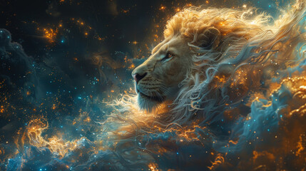Naklejka premium Majestic Leo Zodiac Lion in Celestial Clouds 
