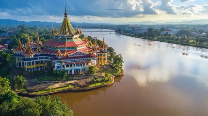 Fototapeta premium Top view of the colorful Sarawak State Legislative Assembly Building, standing majestically along the Sarawak River.