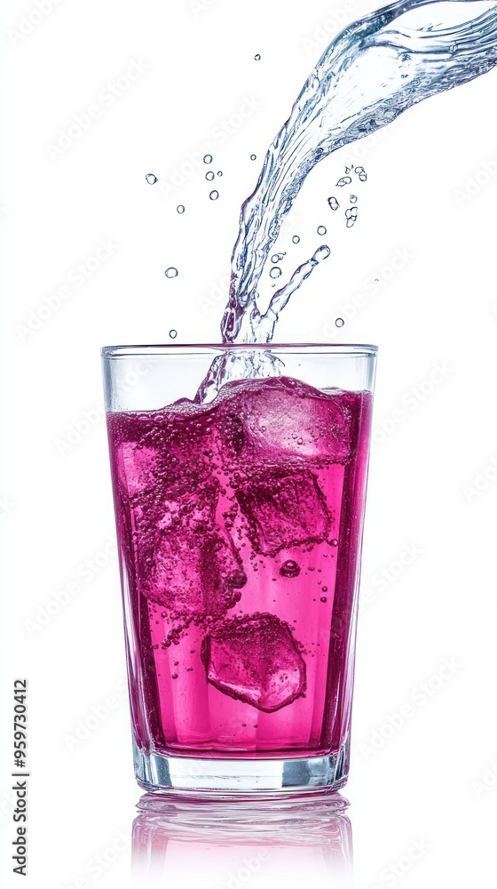 Sticker A glass of pink liquid with ice cubes, water being poured into the glass and creating a splash.