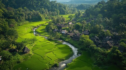 Top view of the emerald-green rice fields and river valleys of Toraja, Sulawesi, with traditional Tongkonan houses.