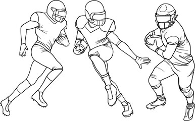 American football player set of outline vector illustrations of football players