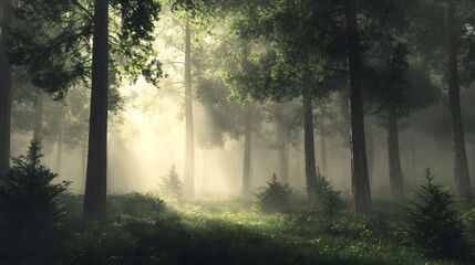 Obraz premium Sunbeams break through the mist in a dense forest, illuminating a carpet of yellow wildflowers on the forest floor.