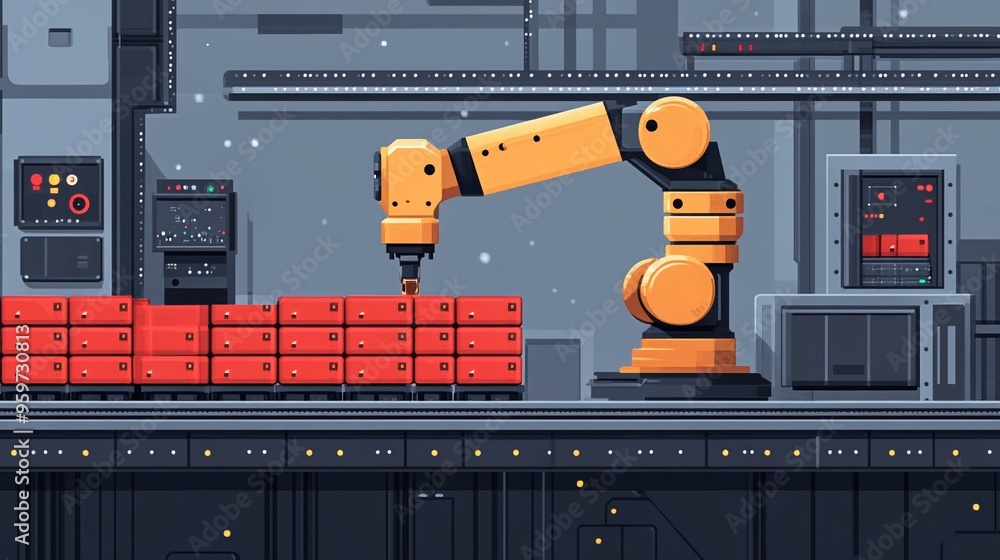 Aufkleber automated precision: a yellow robotic arm meticulously assembles red blocks in a futuristic factory 