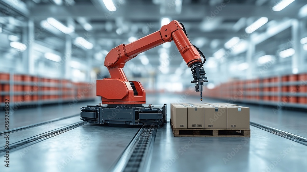 Aufkleber industrial automation in action: a red robotic arm maneuvers a cardboard box on an assembly line, ex