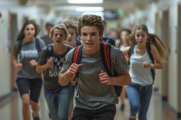 Students Sprinting Through School Hallway in Excitement