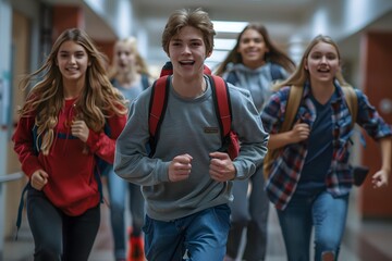 Excited Students Running Through School Hallway
