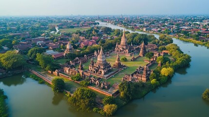Obraz premium Top view of the historic city of Ayutthaya, with ancient temple ruins and stupas surrounded by greenery and rivers.