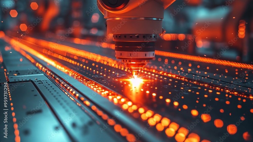 Poster precision and automation: a close-up view of an industrial robot arm with a glowing laser cutting th