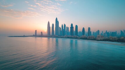 Fototapeta premium Sunset Skyline Over Coastal City