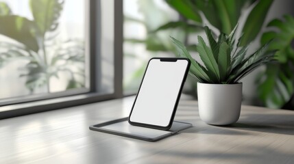 Smartphone on Wireless Charger Beside Potted Plant