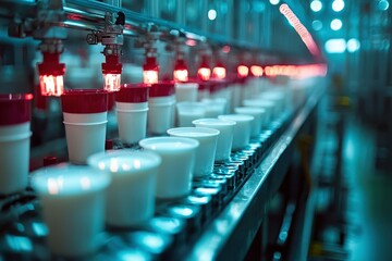 Fototapeta premium Automated Production Line Filling White Cups with Liquid