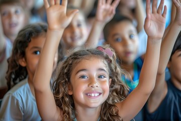 Fototapeta premium Joyful Children Engaging in a Classroom Activity with Hands Raised