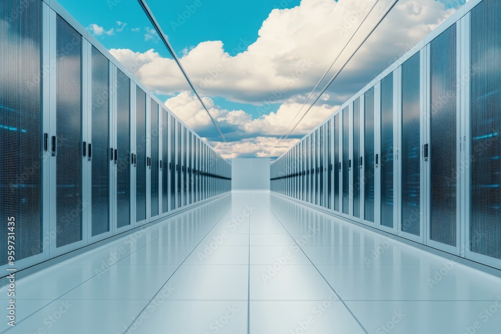 Poster a futuristic data center: expansive aisles and cloudy skies create a unique atmosphere for it