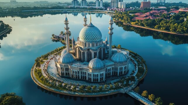 Top view of the iron mosque, Masjid Tuanku Mizan Zainal Abidin, reflecting on the waters of Putrajaya Lake.