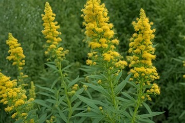Yellow goldenrod flowers with plume like clusters and green stems, AI Generated