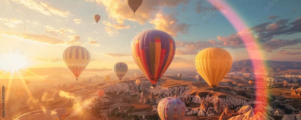 Sticker Rainbow over colorful hot air balloons, 4K hyperrealistic photo