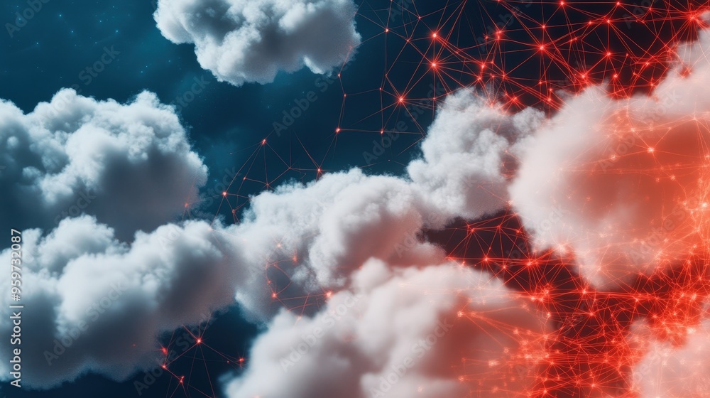 Poster exploring the intersection of technology and nature through clouds and digital connections