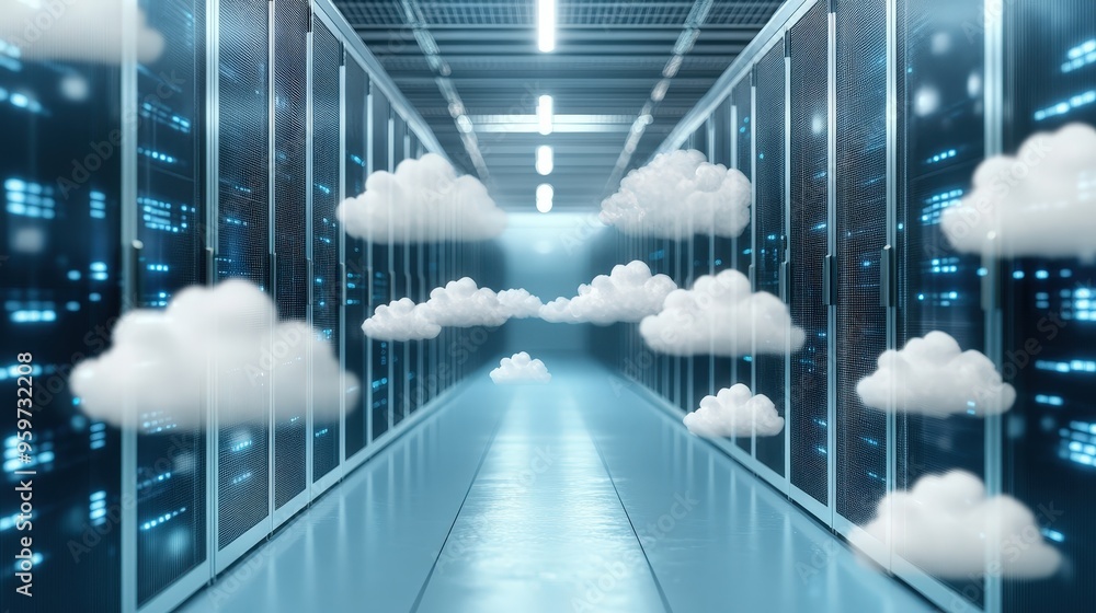Aufkleber a futuristic data center with clouds: merging technology and imagination in amazing ways