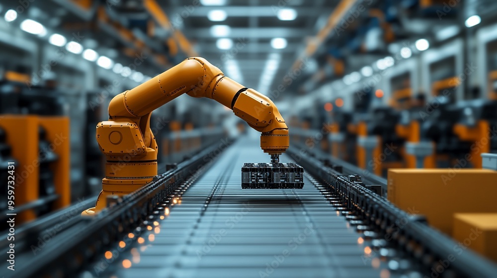 Poster automated precision: a robotic arm poised over a conveyor belt in a modern factory, signifying the f