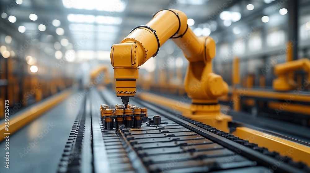 Aufkleber automated precision: a close-up of a robotic arm working on an assembly line, showcasing the efficie