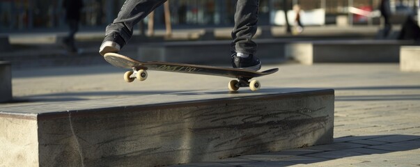 Street skater grinding a concrete bench in an empty plaza, 4K hyperrealistic photo