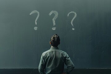 Man stands in front of a blackboard with three question marks drawn on it, businessman in a suit, making a business choice with a question mark