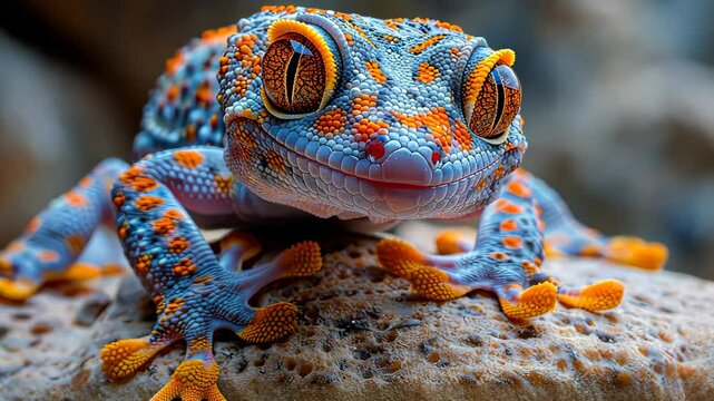 Colorful gecko on a rock, macro shot. Nature and wildlife concept
