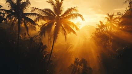Fototapeta premium Golden sunlight streams through palm trees in a tropical jungle at sunrise.