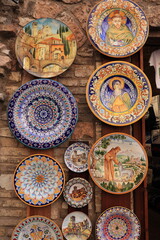 Pottery Display on a Wall in Assisi, Umbria, Italy