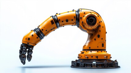 Orange Robotic Arm:  A close-up of a sleek orange robotic arm with black accents, isolated on a white background. The arm is poised for action, its articulated joints ready to perform tasks with preci