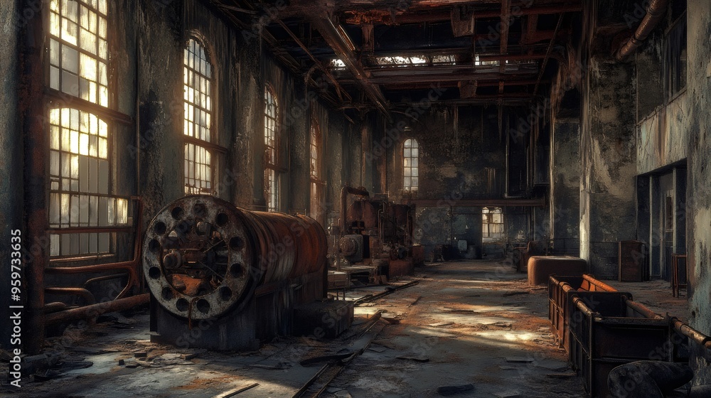 Poster sunlight streams through broken windows in an abandoned industrial building, illuminating dust motes