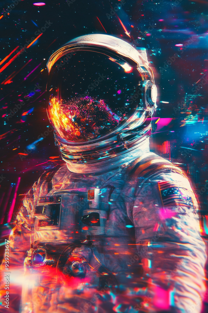 Poster astronaut wearing helmet against abstract cosmic background. man in spacesuit with neon lighting and