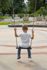 Back view of on alone little sad pensive kid boy swinging