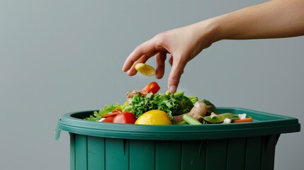 A hand dropping food scraps into a green compost bin. This image captures the importance of recycling food waste. It promotes eco-friendly habits. Perfect for sustainability topics. AI