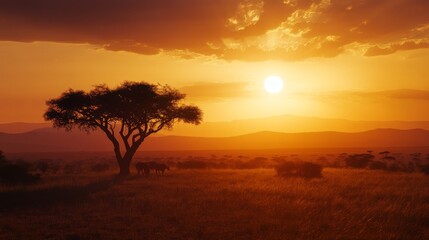 Obraz premium Silhouette of a tree and elephants at sunset in the African savanna.