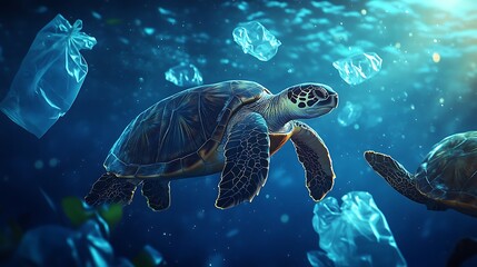 Obraz premium Sea Turtle Amidst Plastic Pollution
