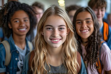 Fototapeta premium Joyful Group of Students Smiling in a School Hallway
