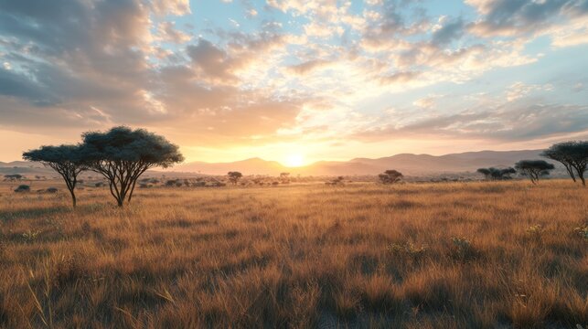 Golden sunset over a vast African savanna with acacia trees, casting long shadows on the dry grass.