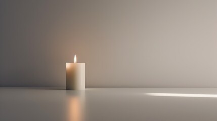 This image features a single tall candle emitting a soft light, set against a neutral background. The clean and simple composition highlights the candle's flame, creating a serene and contemplative