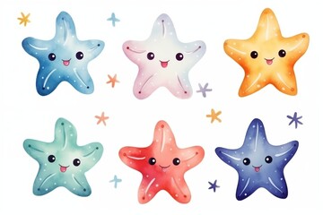 set of happy cute starfish watercolor illustrations for printing on baby clothes, pattern, sticker, postcards, print, fabric, and books 
