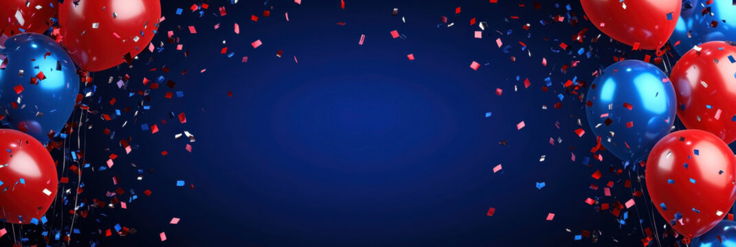 Independence day of Haiti celebration. Horizontal banner. Free space for text. Red and blue balloons on a blue background