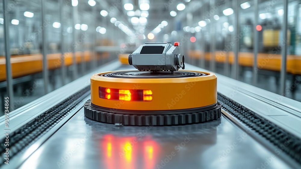 Aufkleber automated efficiency: a close-up of a robotic arm operating on a conveyor belt in a modern factory s
