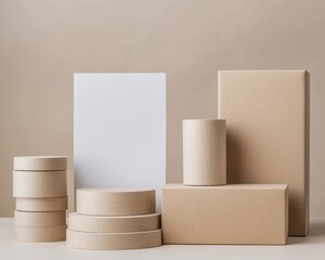 Assorted kraft packaging with blank labels, perfect for branding, showcasing versatility in product presentation.