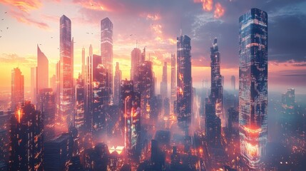 Futuristic Cityscape at Sunset with Skyscrapers and Vibrant Lights in a Modern Urban Setting
